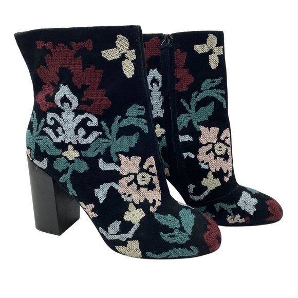 Rebecca Minkoff Bojana Suede Floral embroidered Ankle Boots Size 9M black heeled - Picture 1 of 8